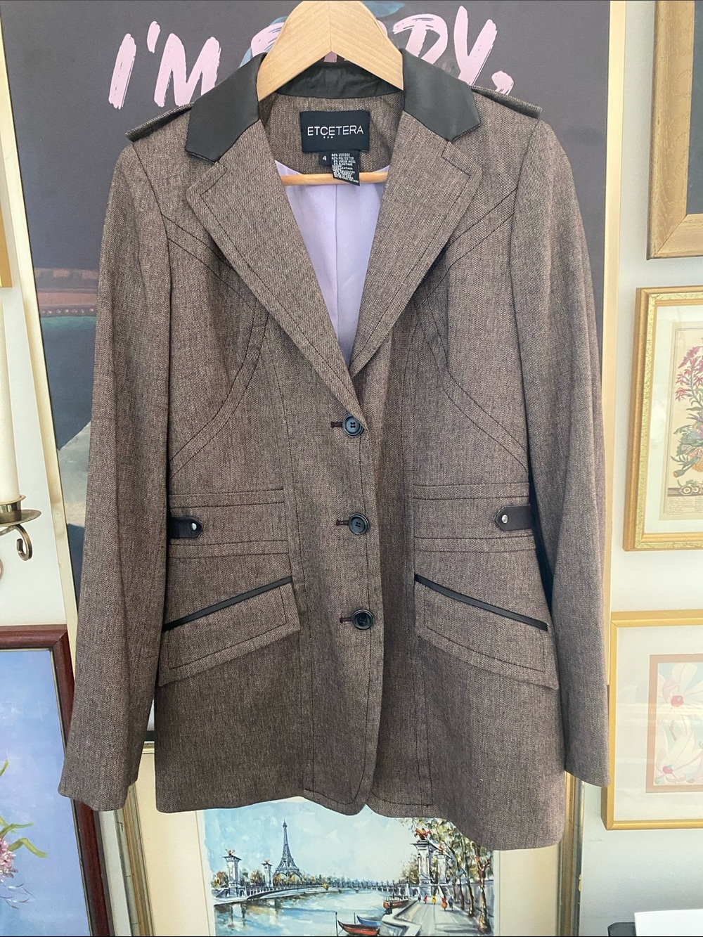 Etcetera Brown Wool-Blend Blazer with Brown Leather Trim